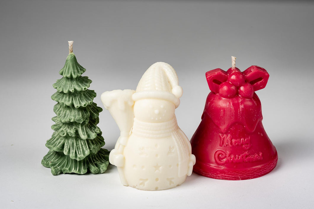 Candle Trio: Tree, Snowman & Bell